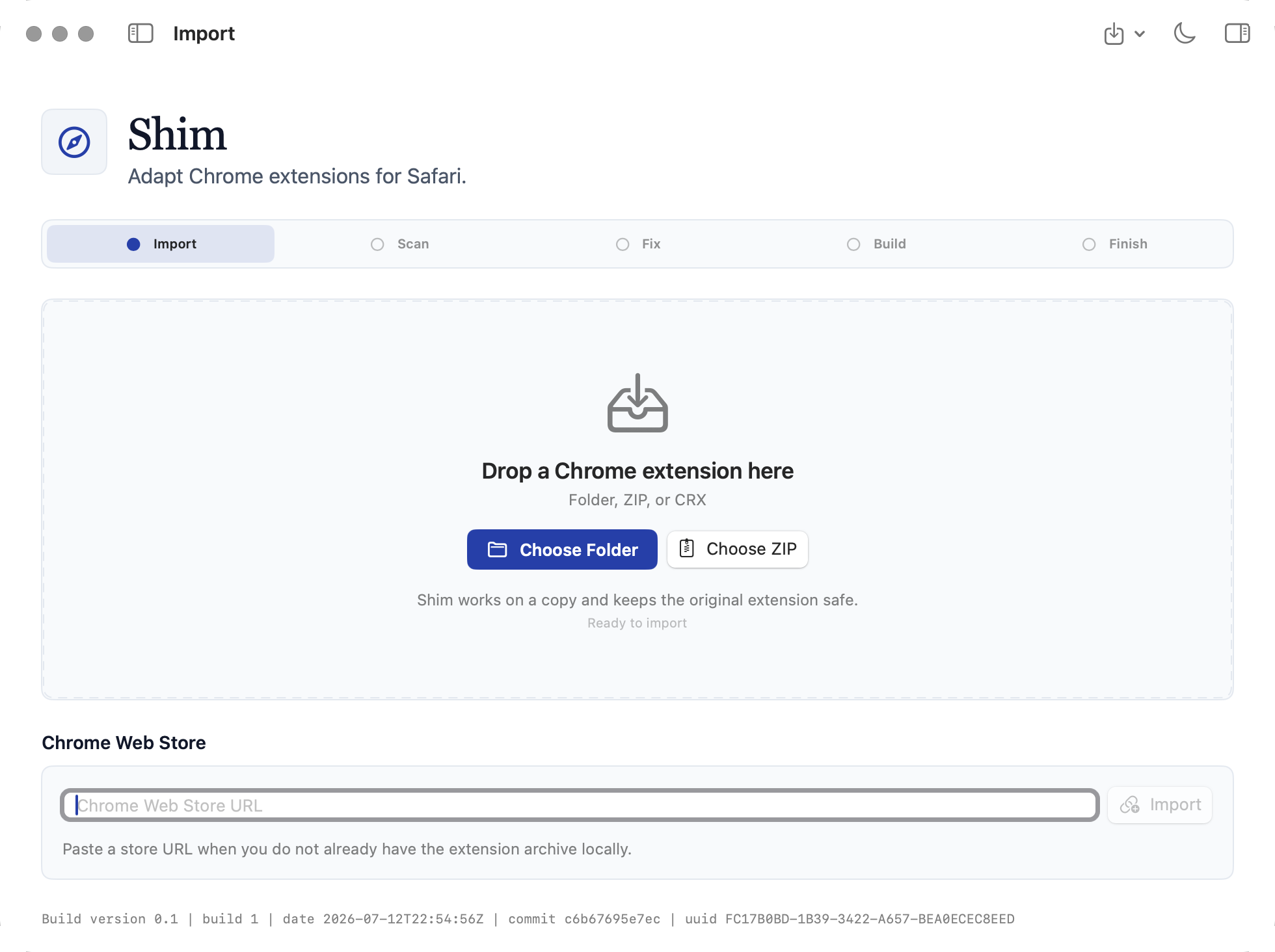 Shim import screen ready to receive a Chrome extension