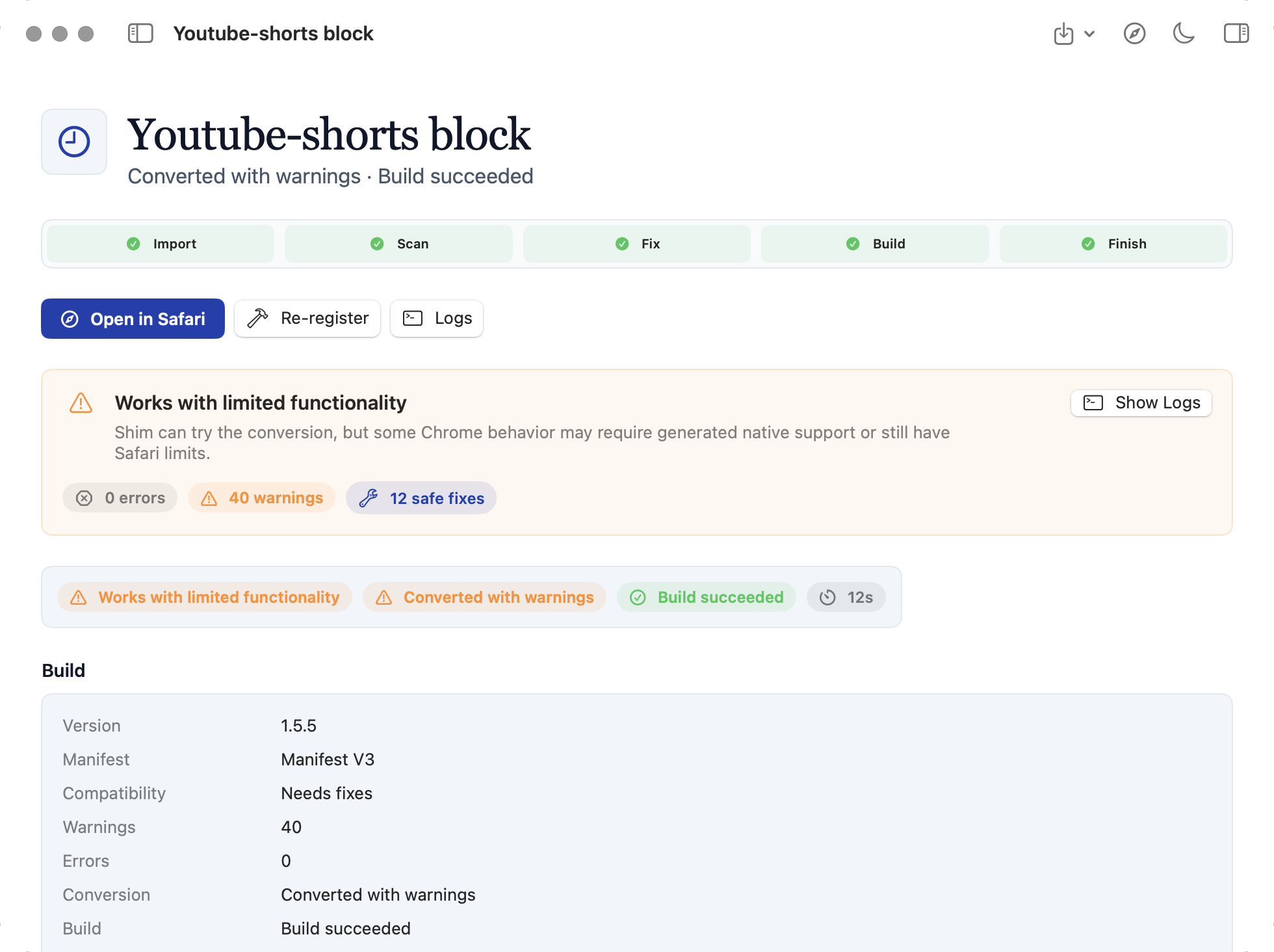 Shim completed conversion report with compatibility warnings and a successful build